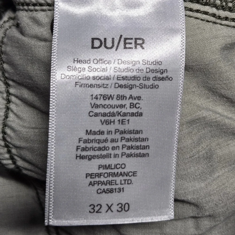 DU/ER No Sweat Pant Slim Fit Olive Green Performance Trousers 32x30 N2X